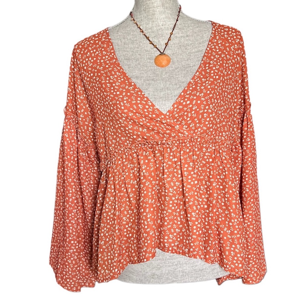 Altard State Bell Sleeve Ruffle Crop Top Blouse V Neck Ditsy Floral Rust Small